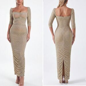 Miss Circle Sorrel Gold Ruched Chiffon Long Maxi Dress Formal Gown $250 M